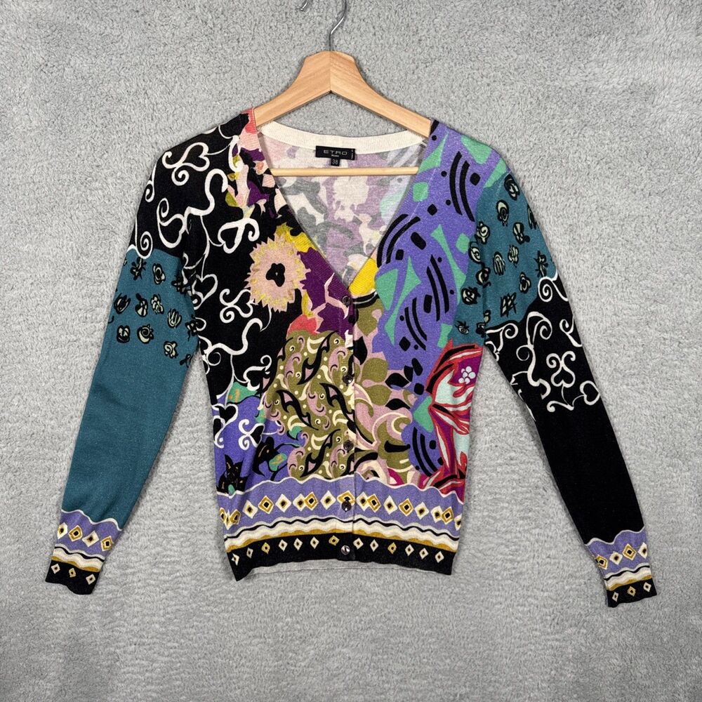 ETRO Milano Silk Cashmere Colorful Floral Print Cardigan Sweater Size 38 XS-S